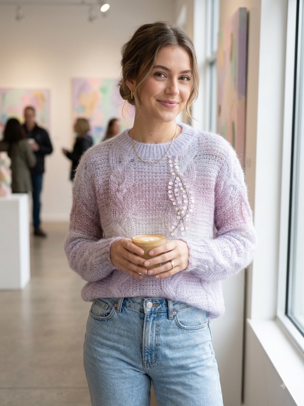 DAVI & DANI Lilac Mohair Cable Crewneck Sweater with Sequin Accent